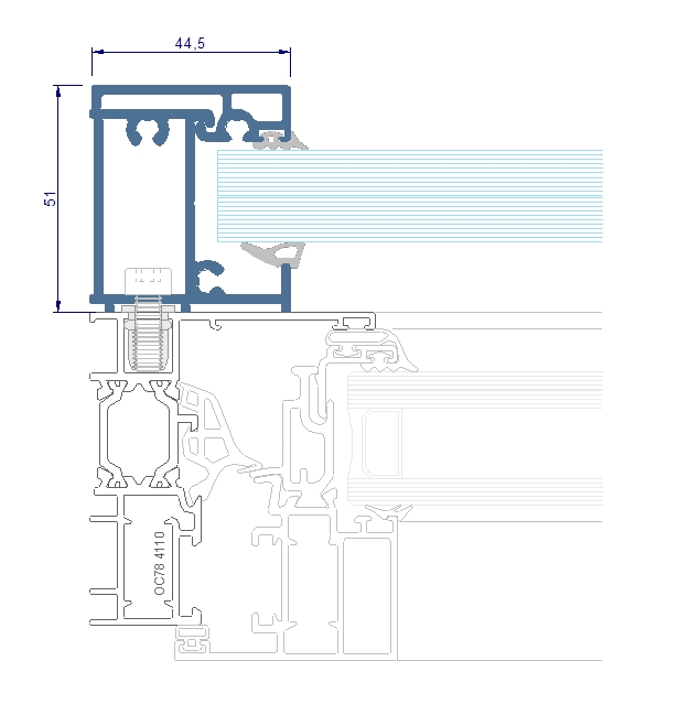 Dibujo de la sección del producto Thermia Glassprotect fijado en el marco de la ventana Thermia Lumia OC78